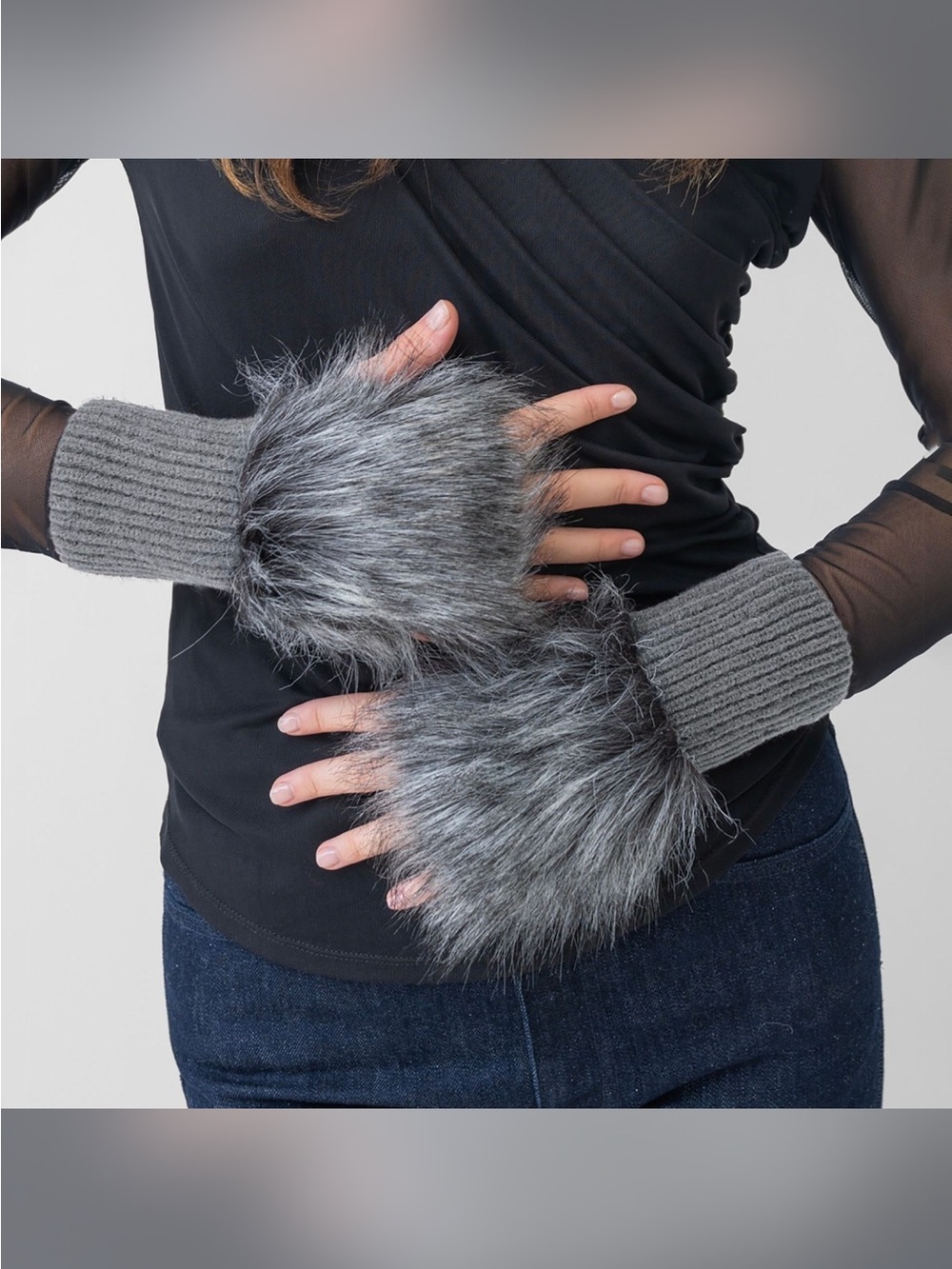 Adrienne Landau Grey Faux Fur Knit Fingerless Gloves